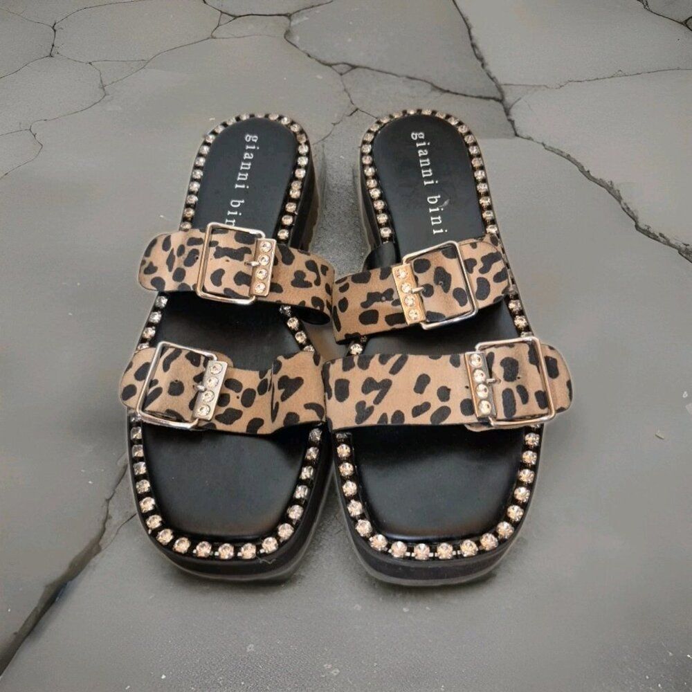 Gianni Bindi Rhinestone Animal Print Buckle Lug Sandals Women's Size 9.5